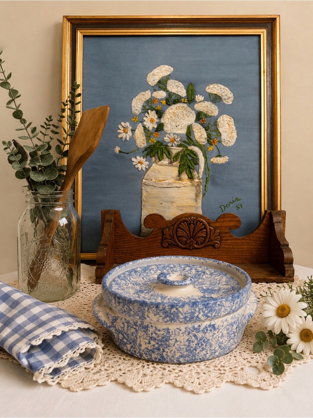 Blue and White Spongeware Ceramic Covered Casserole Dish